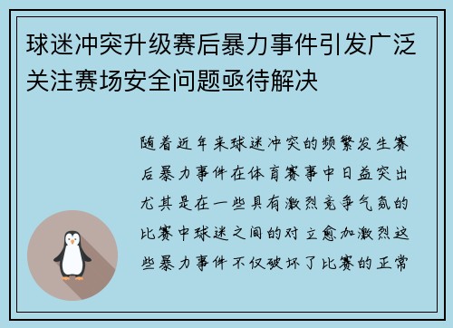 球迷冲突升级赛后暴力事件引发广泛关注赛场安全问题亟待解决