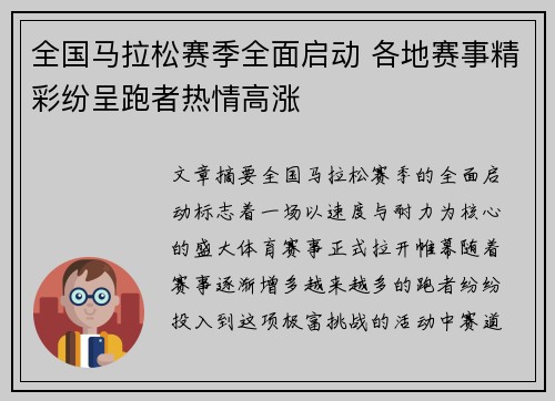 全国马拉松赛季全面启动 各地赛事精彩纷呈跑者热情高涨